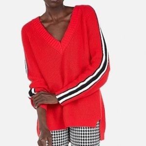 Express Red Varsity Stripe Oversized V-Neck Ribbed Knit Sweater | Size Medium